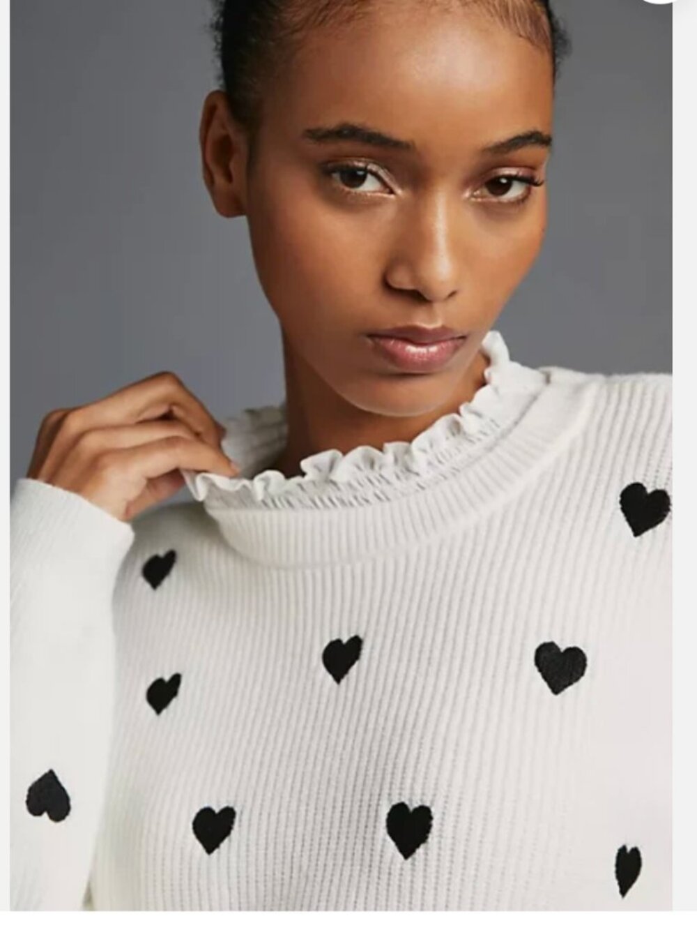 Anthropologie Ruffled Collar Heart Sweater in Classic Black and White - Picture 2 of 13